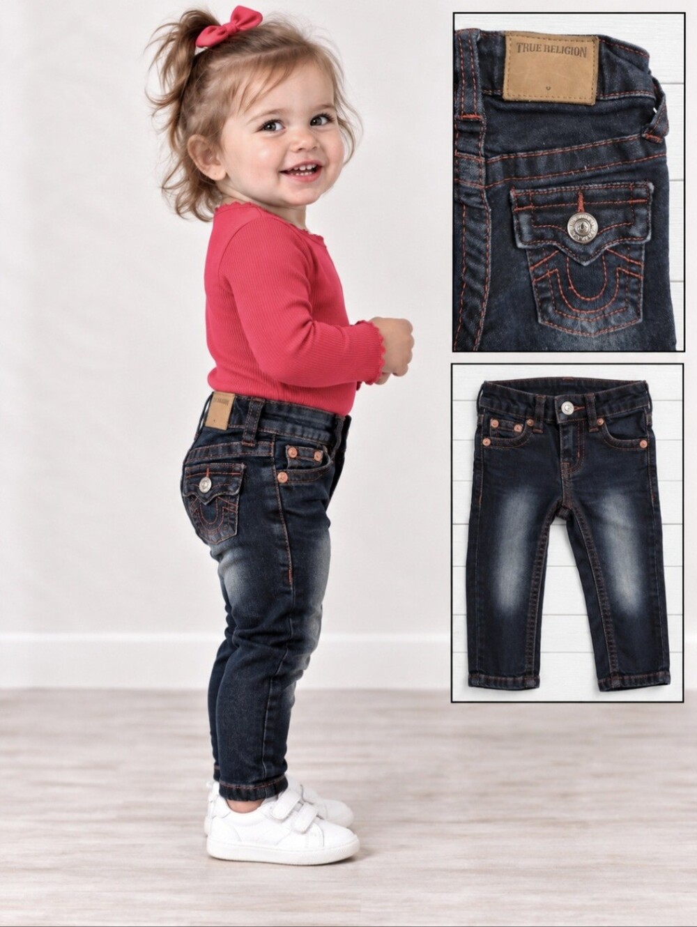 True Religion Baby Toddler Girls Dark Wash Skinny Jeans Pink Stitching 12M